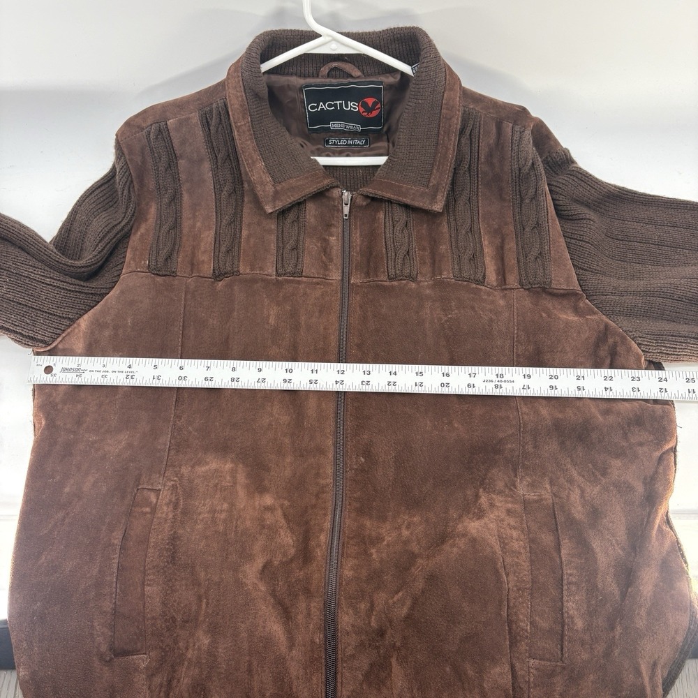 80s Cactus Mens XL Suede Leather Cable Knit Jacket Brown Full Zip Italy Style - Picture 3 of 14